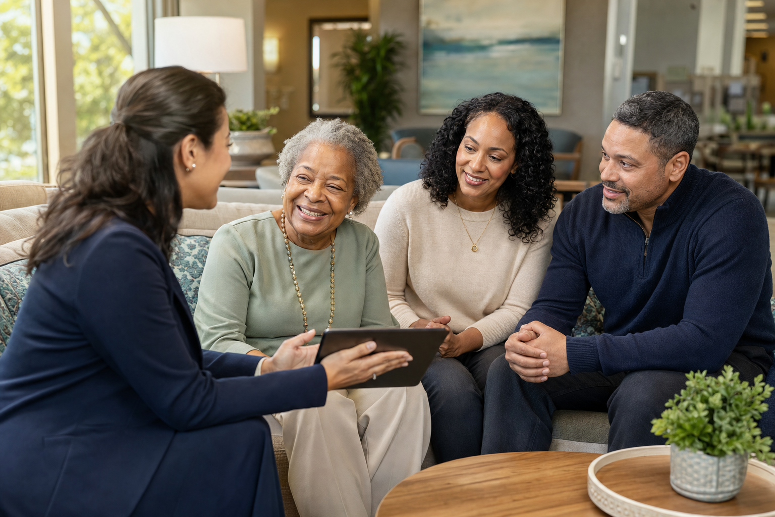 Family members and a senior resident speaking with a senior care community director in a warm lounge.