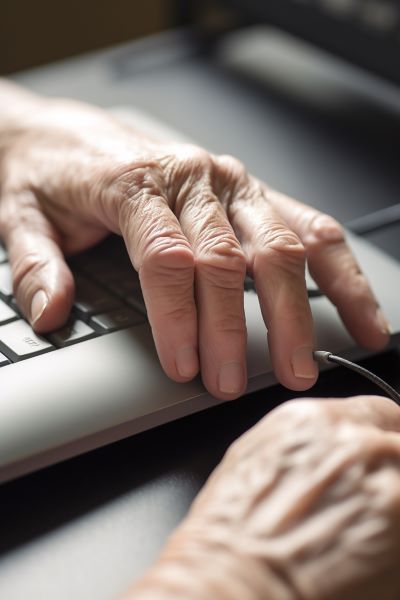 An elderly person using a keyboard to navigate a website