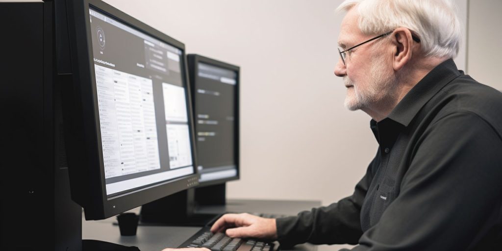 Senior man looking at a computer that is accessibility friendly and reading content