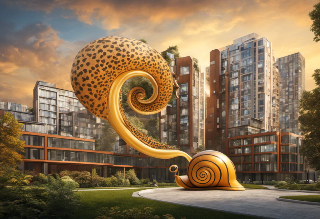 Snail morphing into a cheetah, with several nursing home buildings in the background