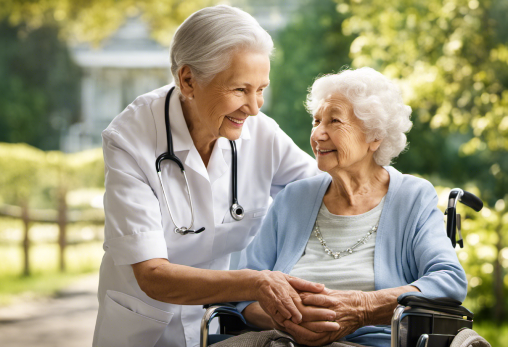 Compassionate caregiver gently holding a senior's hand, with a safe, comfortable elder care home environment in the background, depicting trust, care, and high standard services