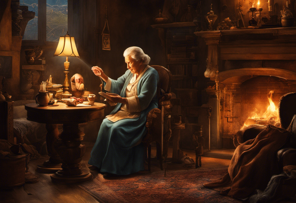 A compassionate caregiver gently holding an elderly person's hand, both surrounded by soft, warm lighting, with faded symbols of storytelling like a quill, a book, and theater masks nearby