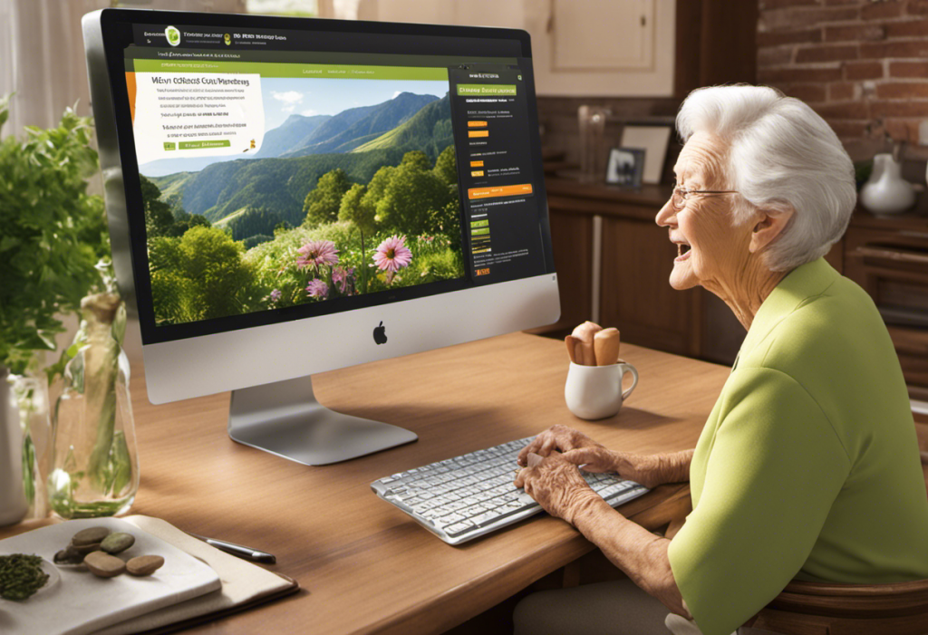 Senior citizen interacting with a vibrant, animated elder care website on a computer screen, reflecting joy and ease in their facial expressions