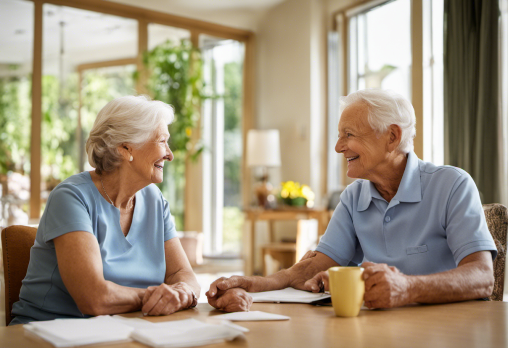 Erly couple happily chatting with a friendly care worker in a bright, welcoming senior care facility, with a positive bar graph subtly incorporated into the background