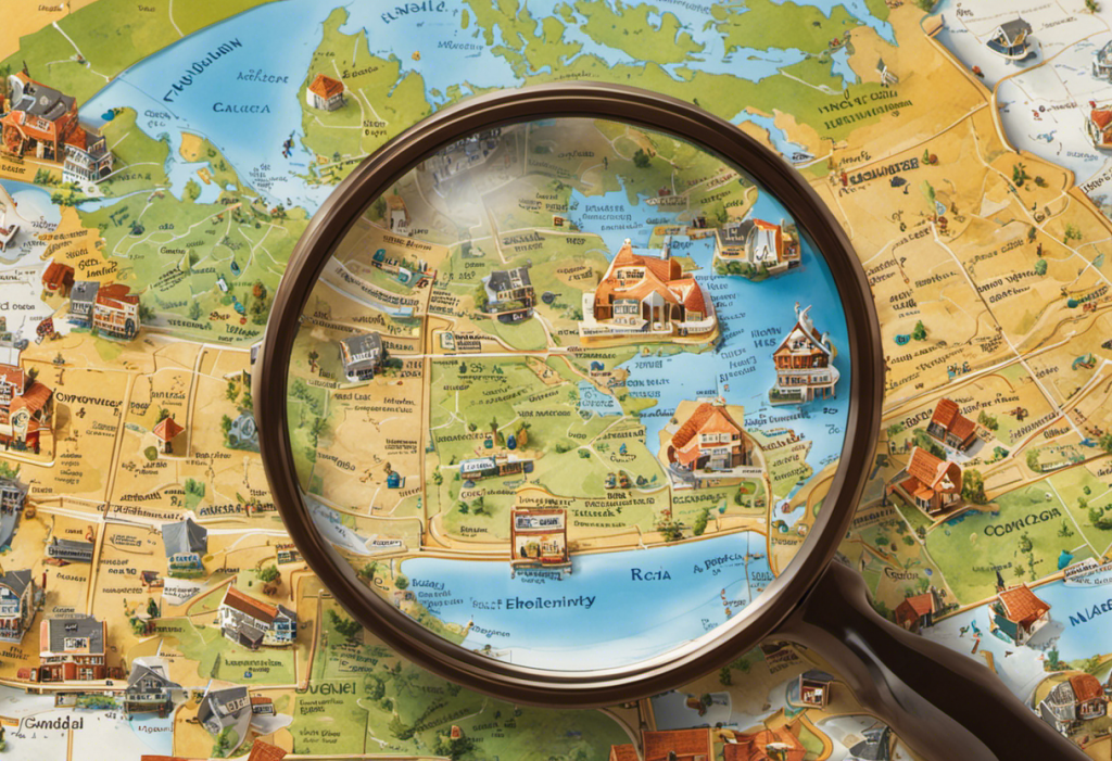 Magnifying glass over a canadian map with highlighted senior care homes, surrounded by various icons representing positive and negative reviews