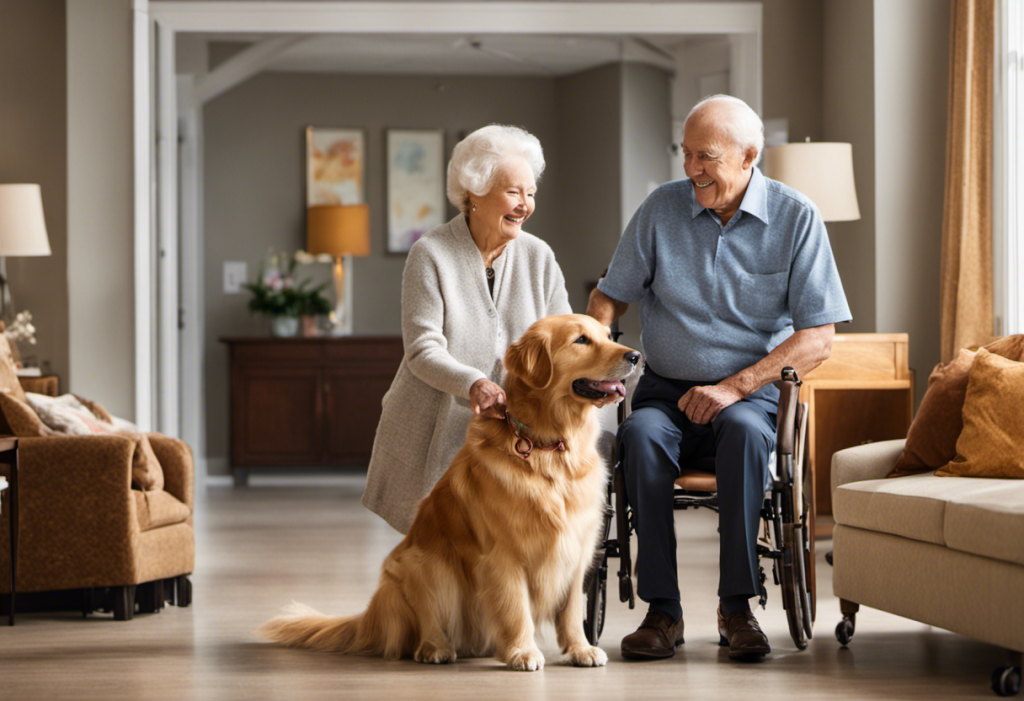 Erly couple happily walking a golden retriever in a spacious, well-lit canadian senior care home with visible pet amenities like toys, feeding bowls, and pet-friendly furniture