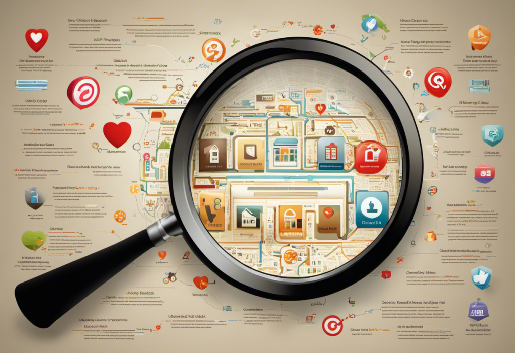 Magnifying glass over a sitemap with various elder care icons (like a cane, heart, house) interconnected with seo symbols (like search bar, target, gears)