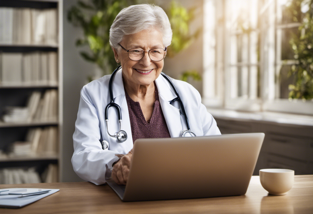 Senior citizen smiling, comfortably navigating a simplified website interface on a laptop, with healthcare symbols (stethoscope, medicine) subtly integrated in the background