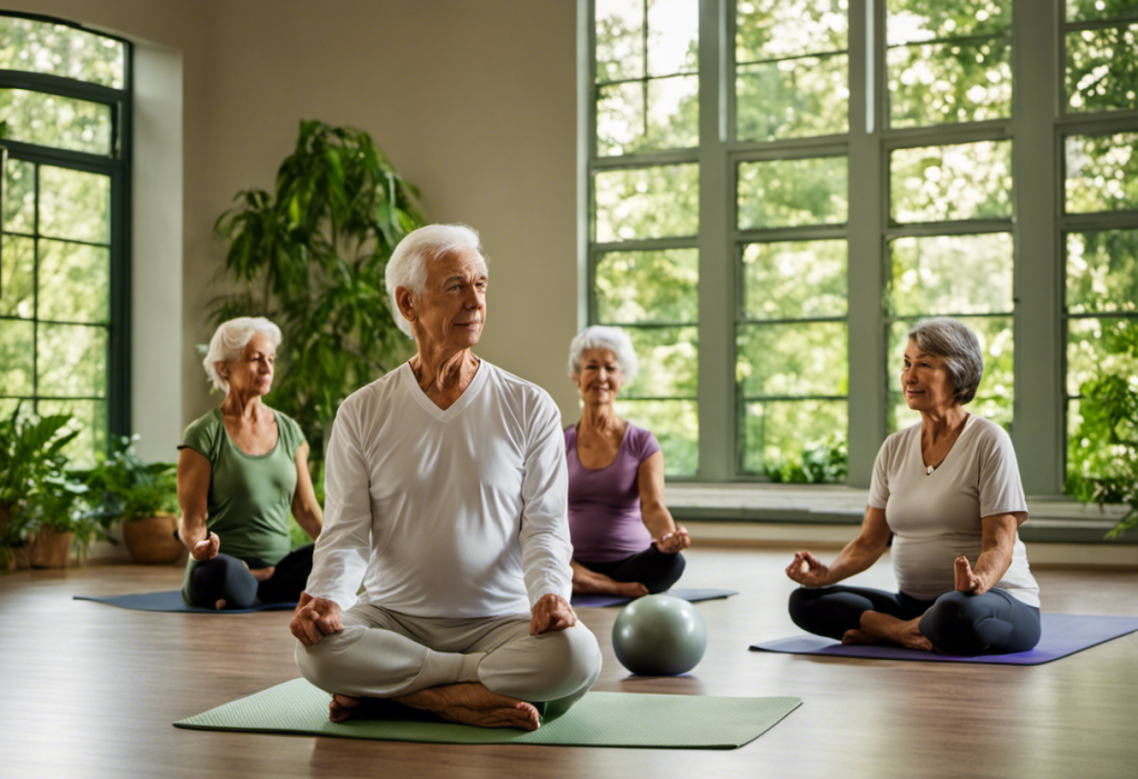 Ive elderly couple participating in a yoga class, with a nurse assisting, inside a well-equipped gym in a modern elder care facility surrounded by lush greenery