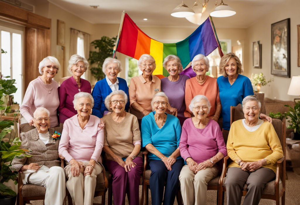 E depicting a diverse group of smiling seniors holding rainbow flags within a warm, welcoming senior care home environment, filled with comfortable furniture, well-kept plants, and soft, inviting light