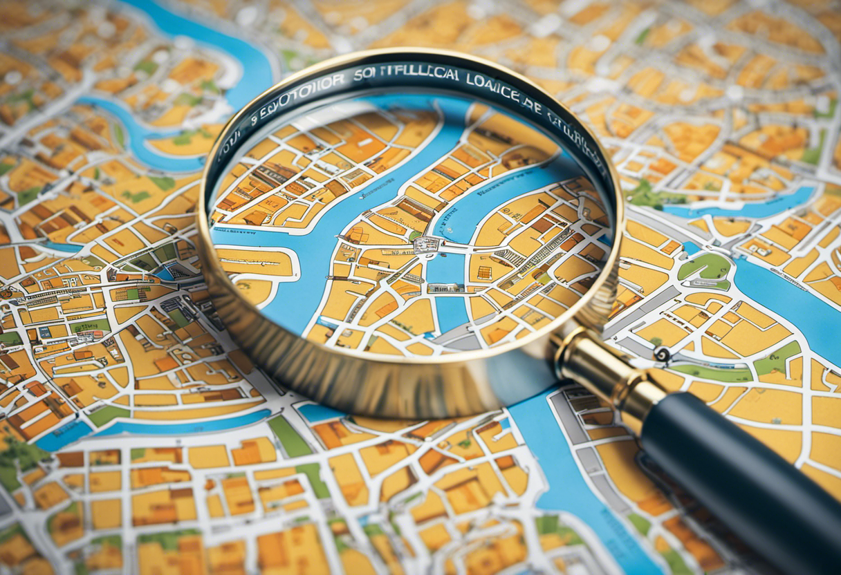 Magnifying glass over a city map, highlighting a network of interconnected senior care facilities, with seo-related symbols like keywords, backlinks, and local search icons