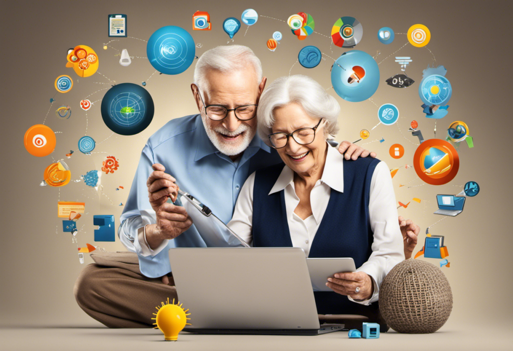 Rly couple happily interacting with a laptop, surrounded by various marketing symbols like a target, arrow, magnifying glass, and light bulb