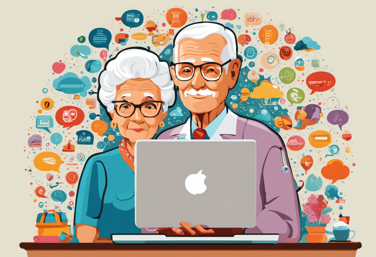Elderly couple browsing a laptop, with colorful thought bubbles above their heads displaying various senior care related icons (like a nurse, medication, home care, fitness)