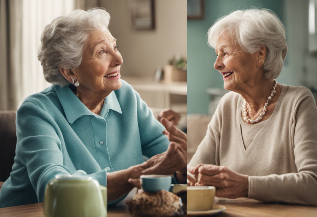 Split screen of two different elder care marketing campaigns, with a group of elderly people engaging positively with one, and showing confusion with the other