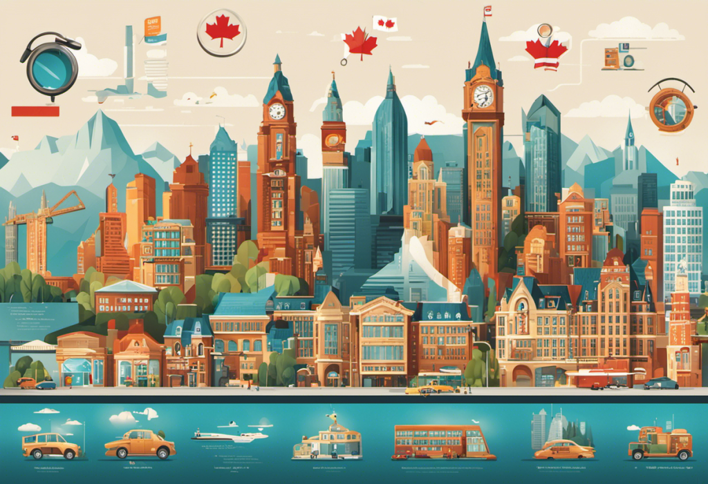 Ustrated cityscape of major canadian cities, subtly morphing into a webpage layout, with icons symbolizing elderly care services, and a magnifying glass highlighting seo keywords