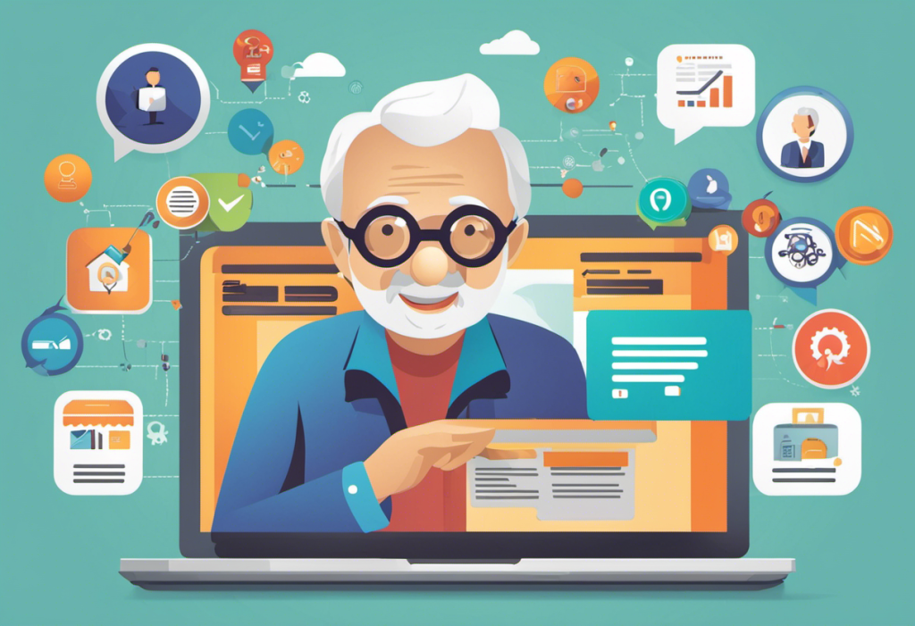 Ate a senior citizen interacting with a user-friendly website on a laptop, with marketing strategy icons and accessibility symbols floating around the screen