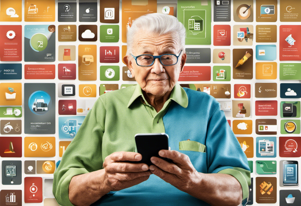 An image of a senior citizen using a smartphone with a simplified web design on screen, include symbols of user-friendly features like large icons and high contrast colors