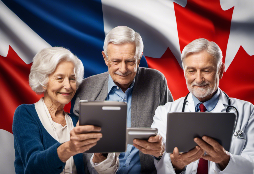 N elderly canadian couple using a tablet for a video call with a doctor, with medical equipment and canadian flag subtly in the backdrop