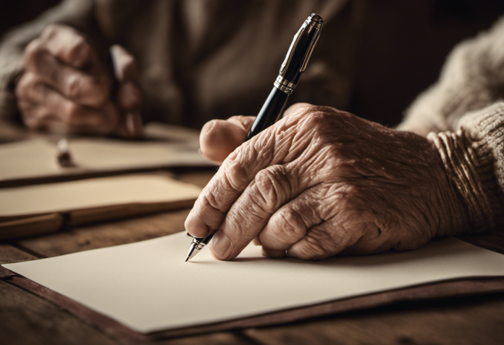 Erly hand holding a pen, poised over a blank paper on a vintage wooden desk, with a soft-focus background featuring a care home setting
