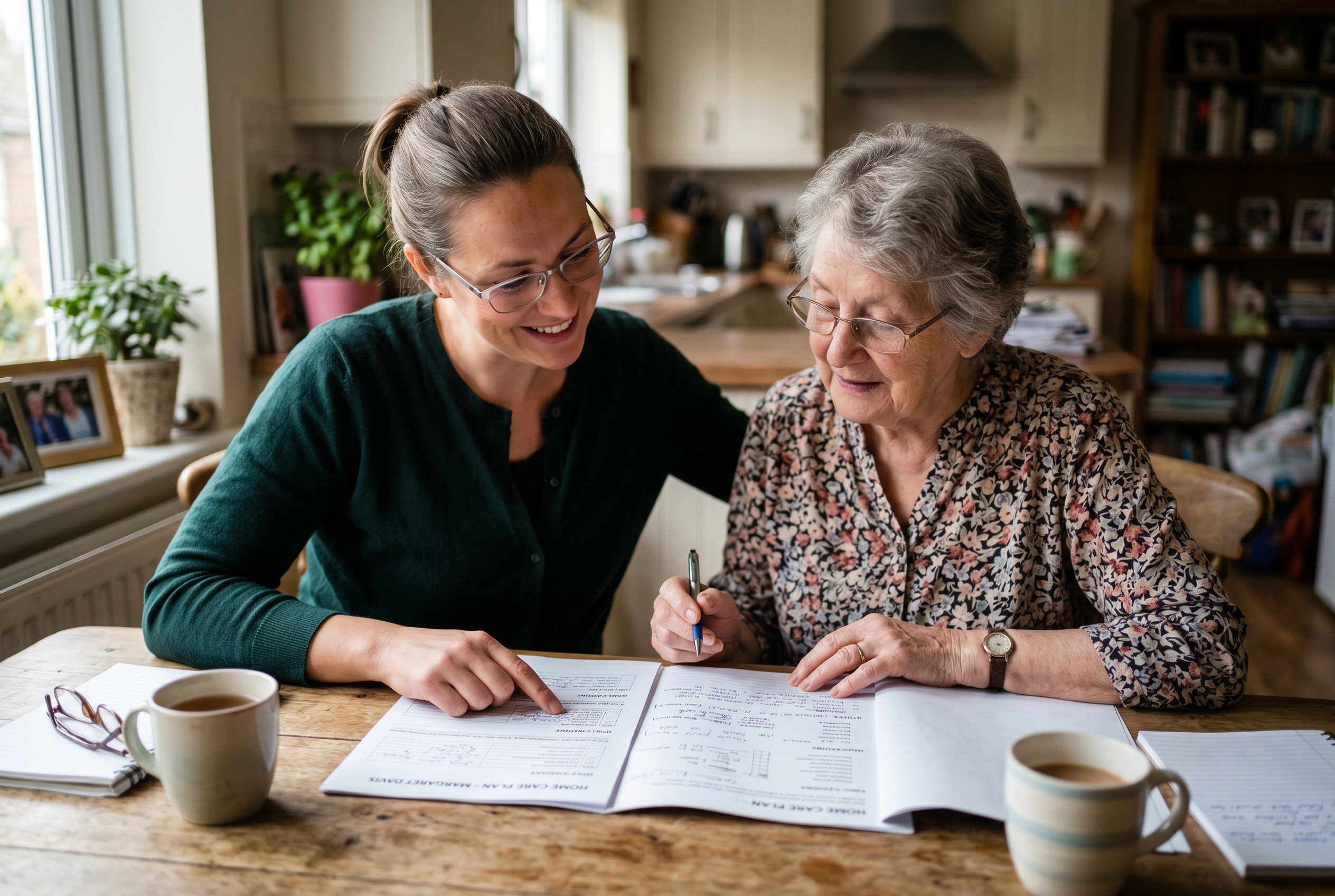 Family caregiver and elderly parent reviewing care documents at home