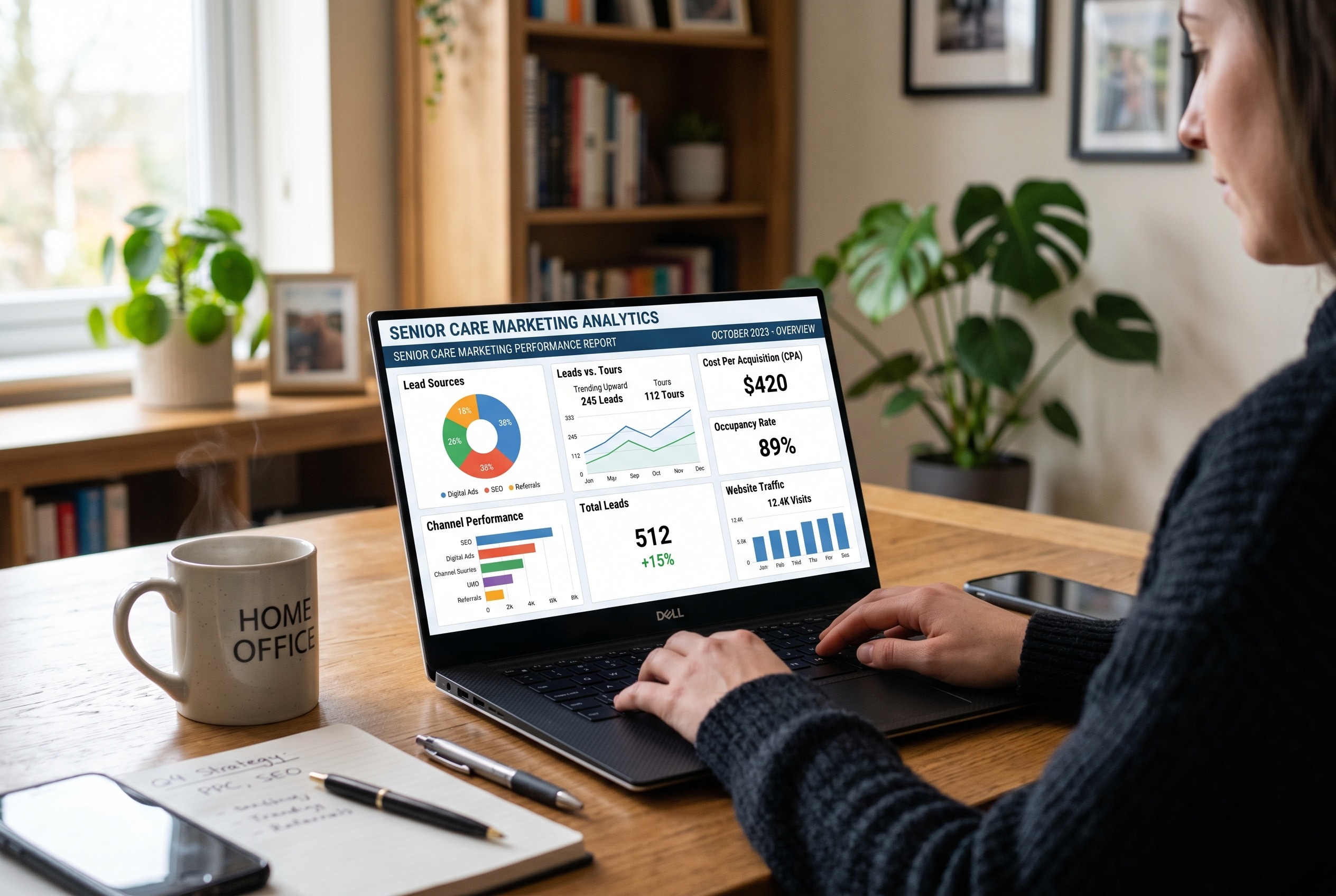 Senior care seo analytics dashboard on laptop screen