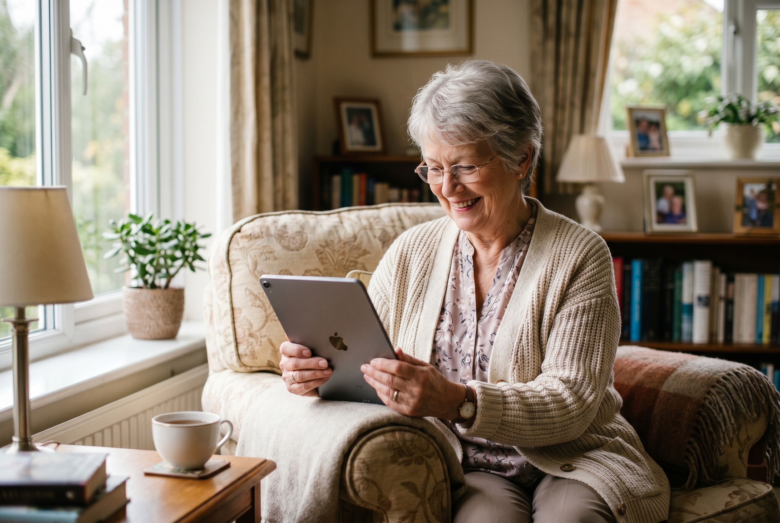 Senior using tablet to research assisted living options
